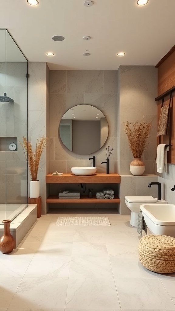 A modern bathroom featuring natural stone tiles, wooden accents, and a round mirror.
