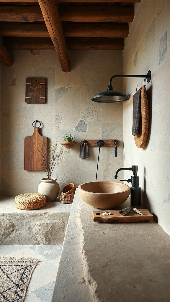 A boho bathroom featuring natural stone accents, wooden beams, and decorative elements.