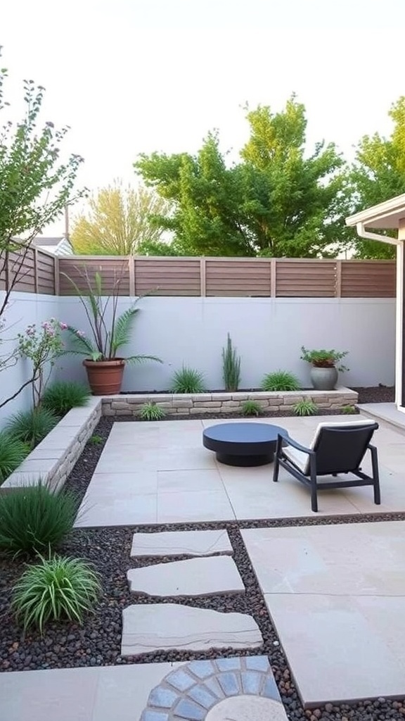 Minimalist patio with natural stone accents and greenery