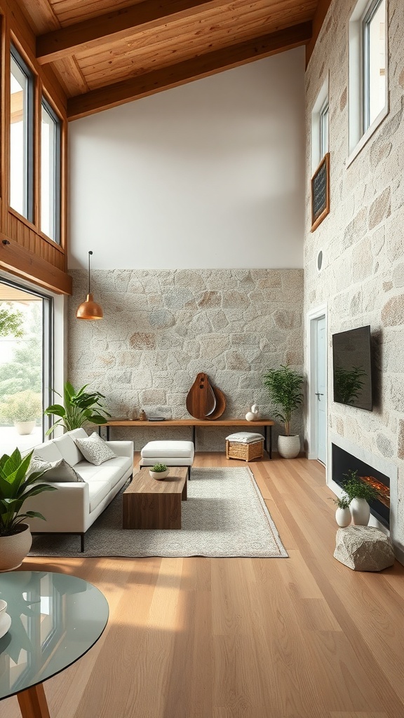 A modern living room featuring natural stone walls, wooden beams, and light wood flooring, with plants and stylish furniture.