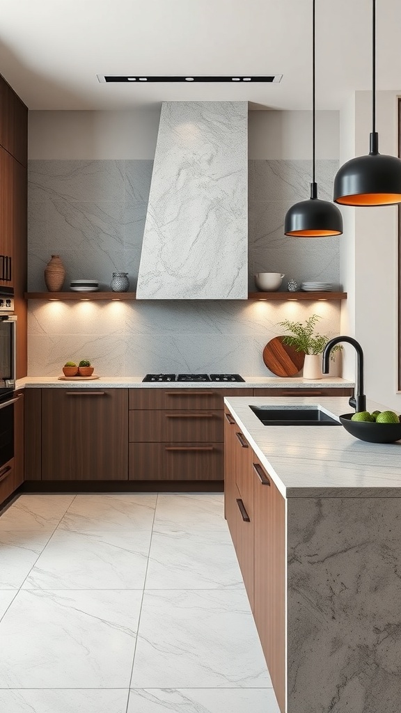 A modern Scandinavian kitchen featuring natural stone countertops and wooden cabinetry.