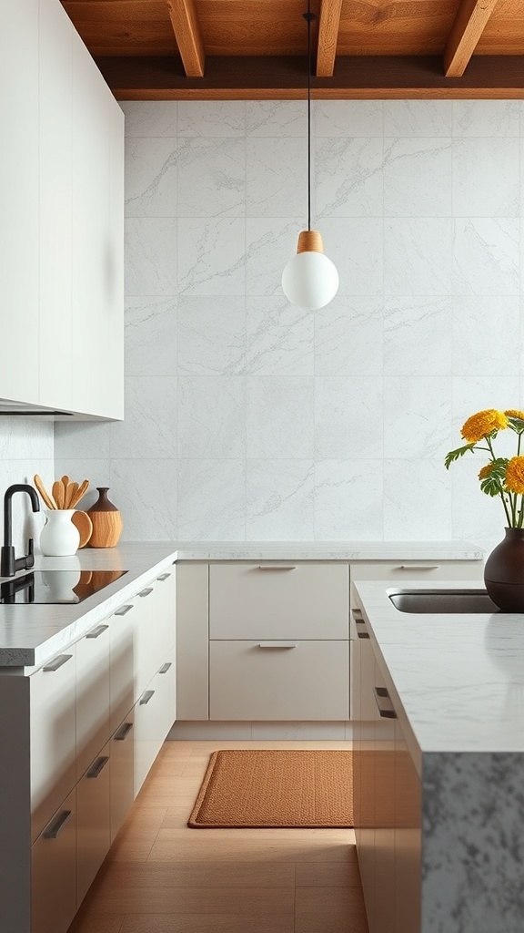 A modern kitchen featuring natural stone elements with marble countertops and a light wood ceiling.