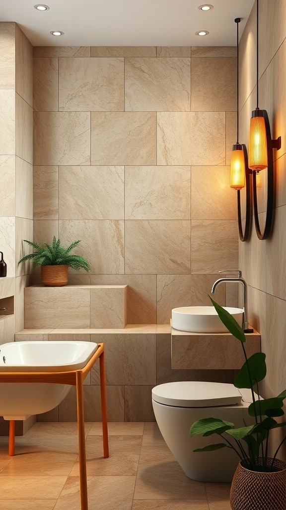 A serene bathroom featuring natural stone walls, a white bathtub with an orange frame, and green plants.
