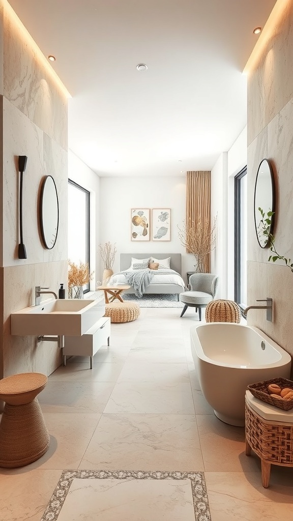 A modern bathroom featuring natural stone elements, including stone walls and floor, a large bathtub, and minimalist sink area.