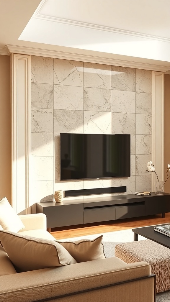 Living room with a natural stone feature wall behind a television, featuring a sleek black TV stand and a cozy seating area.