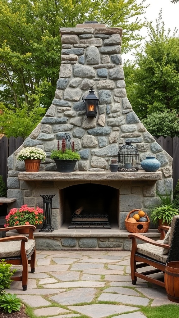 A natural stone fireplace in a garden setting with seating and plants.
