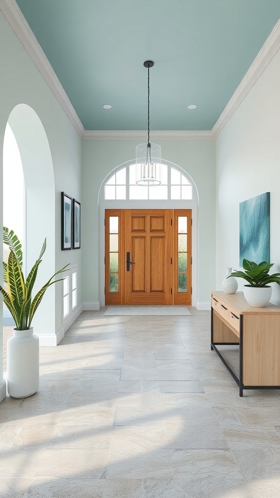 A bright entryway featuring natural stone flooring, wooden doors, and plants.