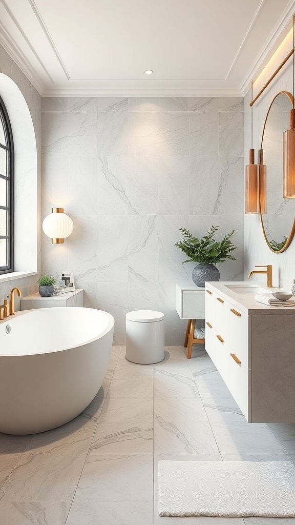 A luxurious bathroom featuring natural stone flooring, a freestanding tub, and modern fixtures.