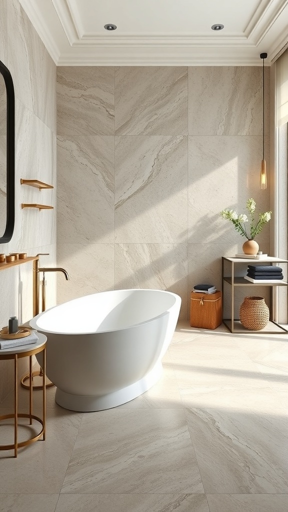 A luxurious bathroom featuring natural stone flooring, a modern bathtub, and stylish decor.