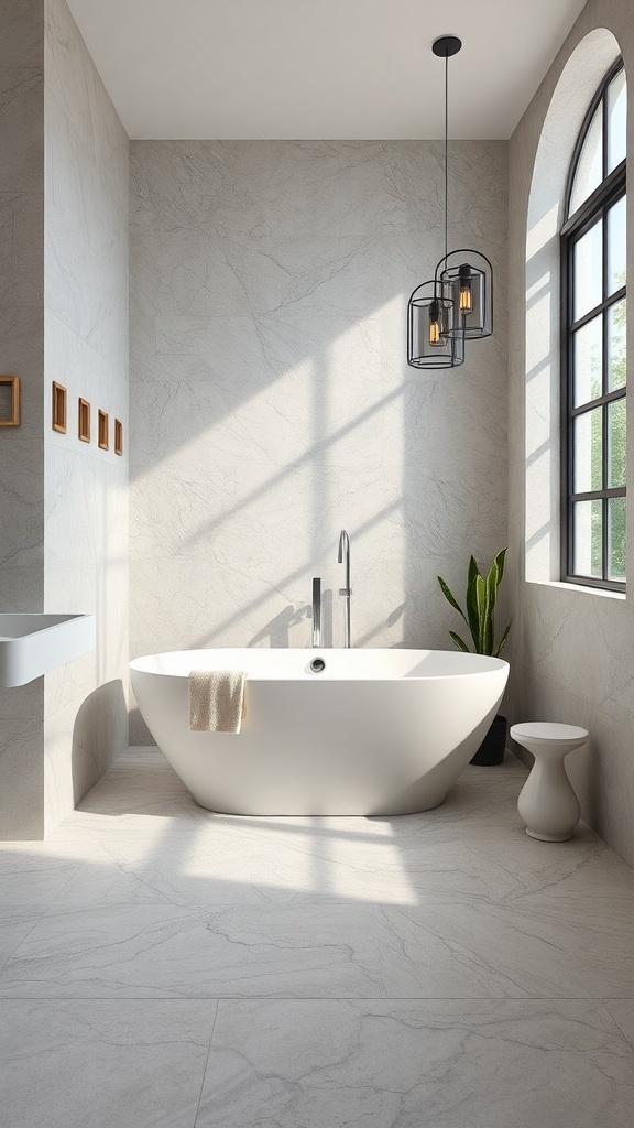 A modern bathroom with natural stone flooring, featuring a sleek bathtub and large windows.