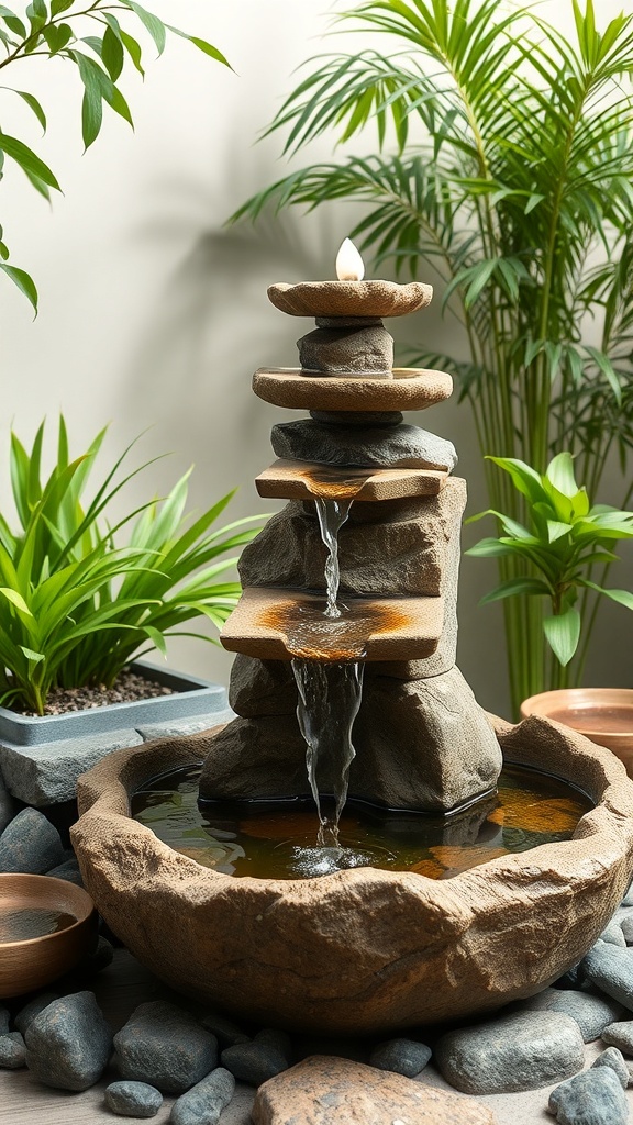 A natural stone fountain with multiple tiers, surrounded by green plants, creating a peaceful indoor atmosphere.