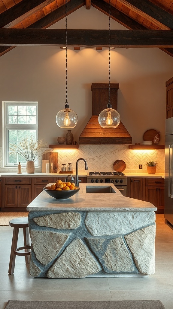 A modern kitchen featuring a natural stone island with rustic elements, wooden cabinetry, and warm lighting.