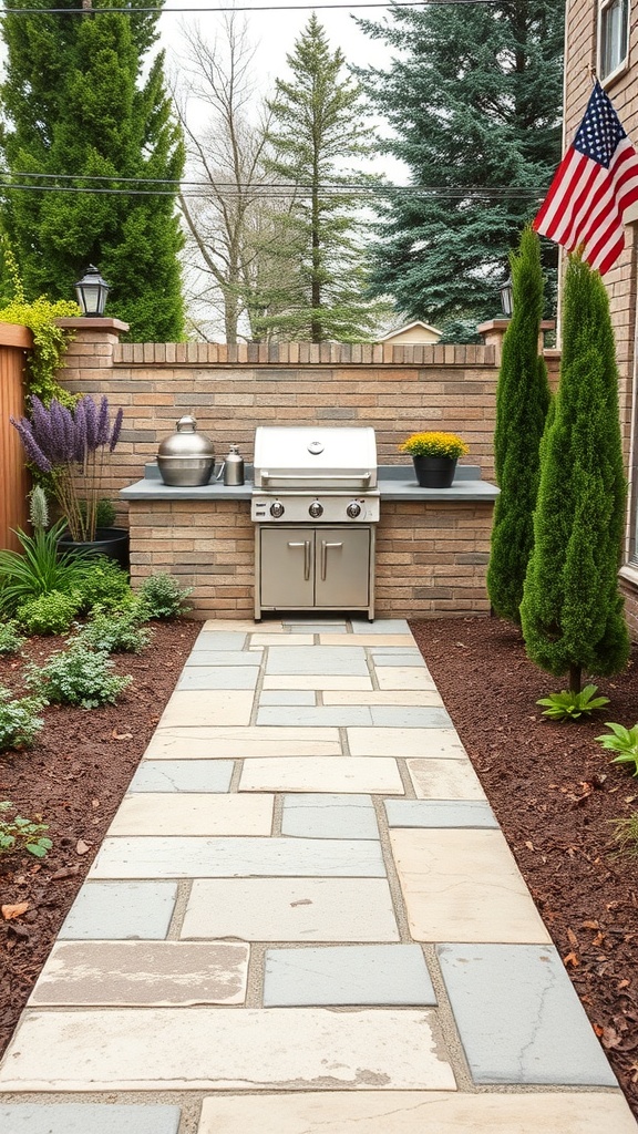 Natural stone pathway leading to an outdoor grill area surrounded by plants