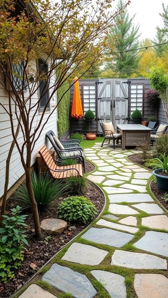 A beautiful garden pathway made of natural stones, leading through a well-decorated outdoor space.