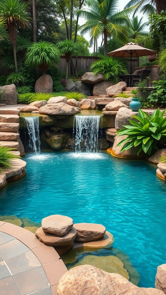 Natural stone swimming pool with waterfalls and lush greenery