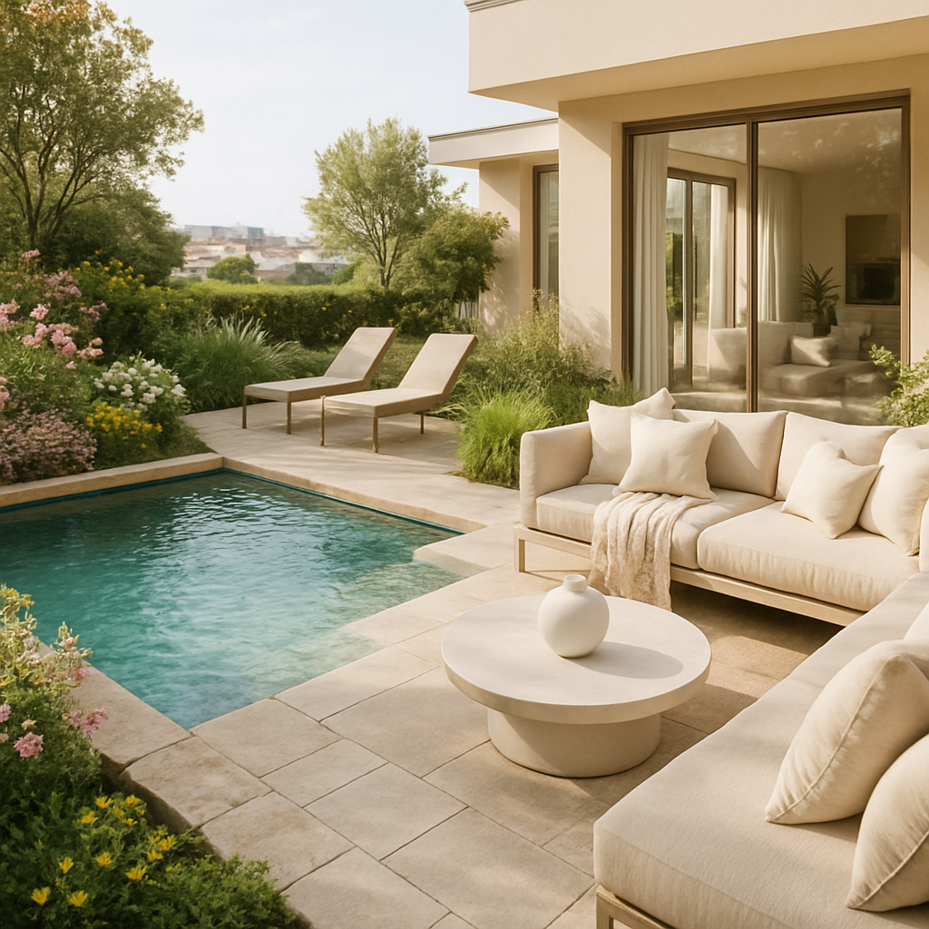 Ein Natursteinpool umgeben von Pflanzen und Blumen, mit Liegen und einer Couch im Vordergrund.