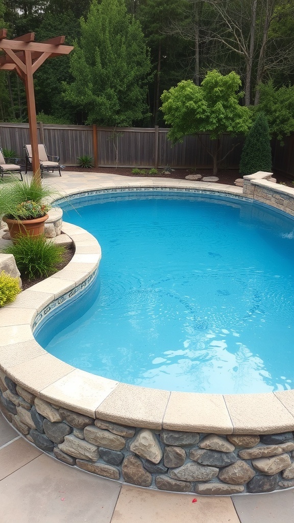 Above ground pool with natural stone surround and lush greenery