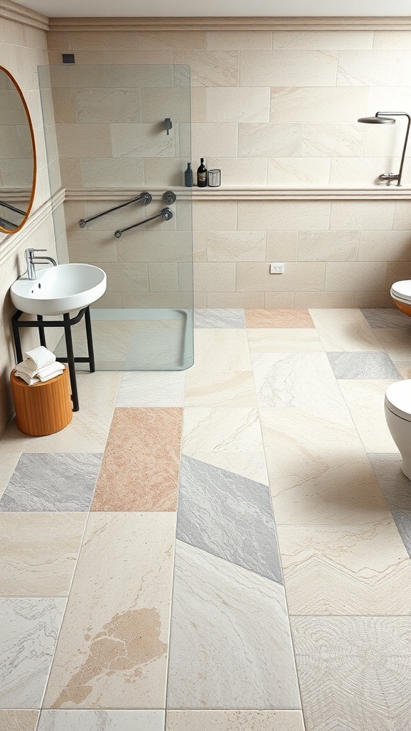 A modern bathroom with natural stone tiles in various light colors, featuring a glass shower, round mirror, and minimalist decor.