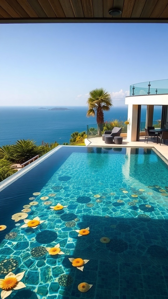 Ein natürlicher Swimmingpool mit gelben Blüten auf der Wasseroberfläche und Blick auf das Meer.