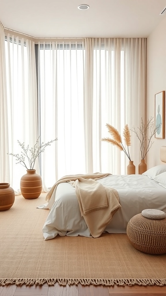 A serene Japandi spa bedroom with natural textiles, featuring light curtains, cozy bedding, and decorative vases.