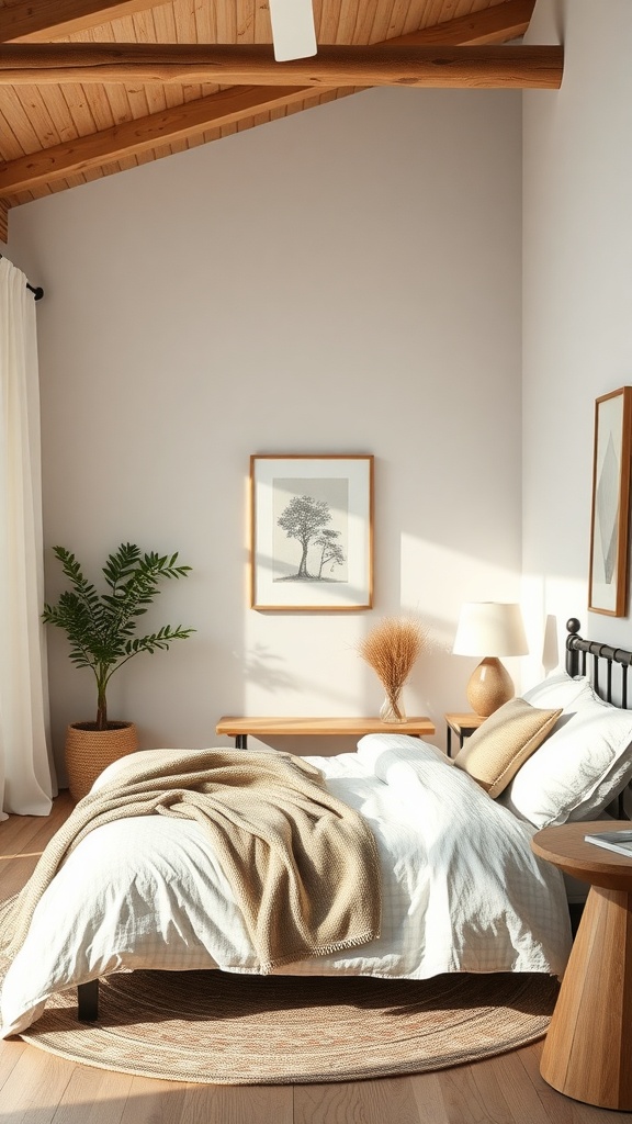 A cozy bedroom featuring natural textiles and fabrics, with a wooden bed, soft bedding, and a potted plant.