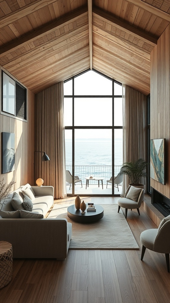 A warm minimalist living room with wooden beams, large windows, and a cozy atmosphere.