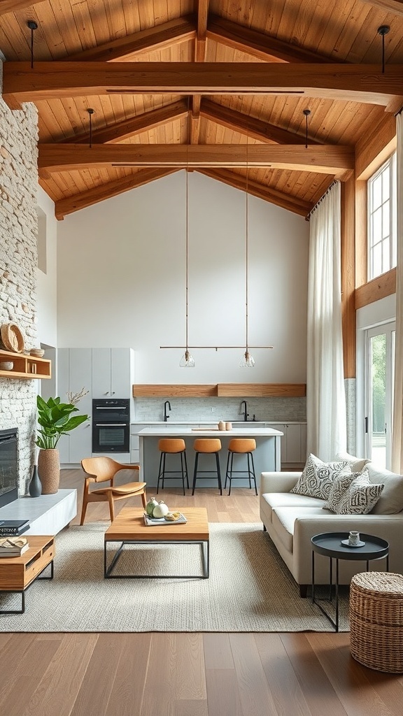 Modern farmhouse living room with wooden beams, stone fireplace, and cozy furniture.