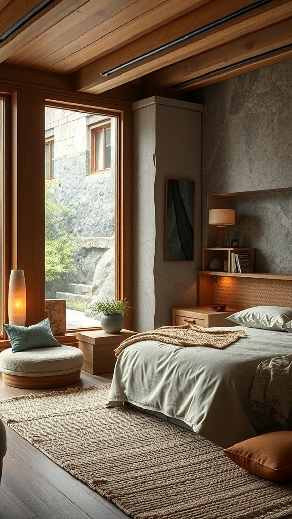 A serene Japandi bedroom featuring natural textures and materials, with wooden beams, a woven rug, and large windows.