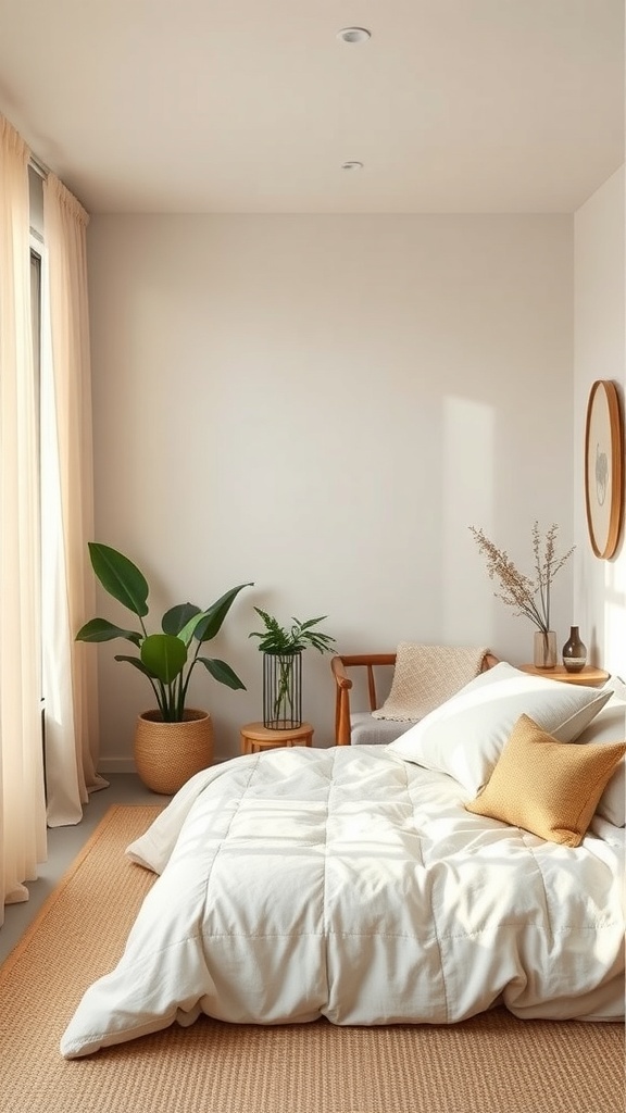 A serene Japandi bedroom featuring natural textures and materials, including soft bedding, wooden furniture, and a potted plant.