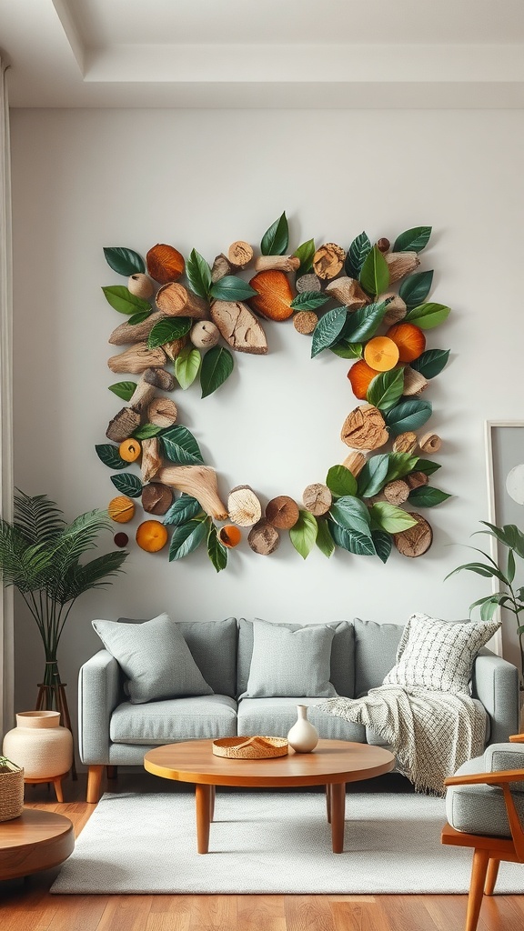 A stylish arrangement of natural materials including leaves and wood pieces on a wall, complementing a cozy living room setting.