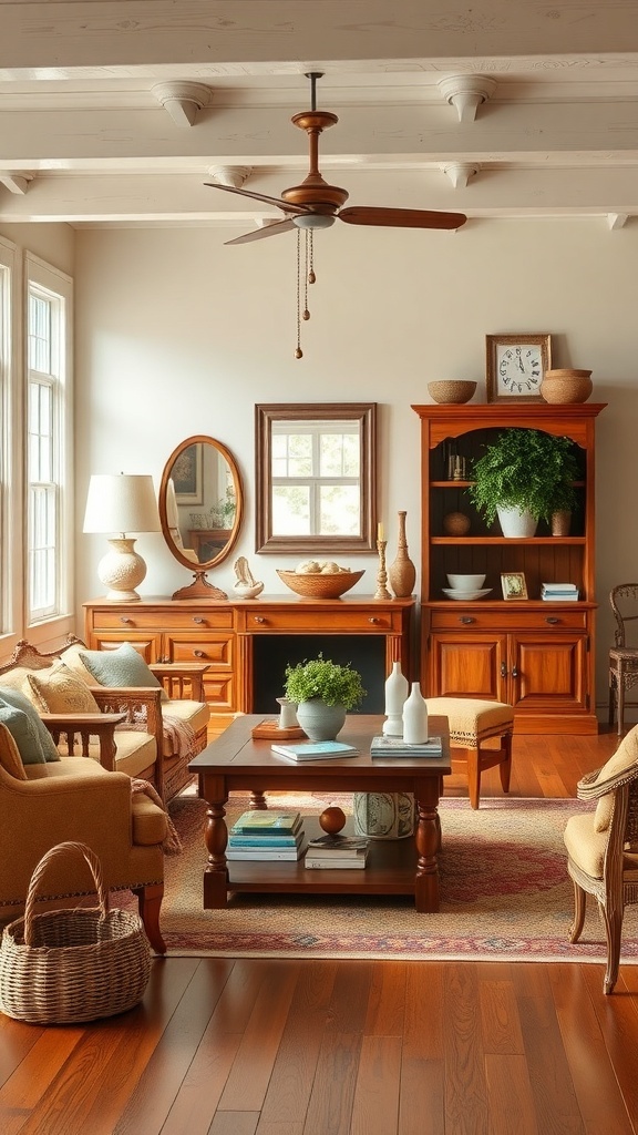 A cozy living room featuring natural wood furniture and accents, with warm tones and inviting decor.