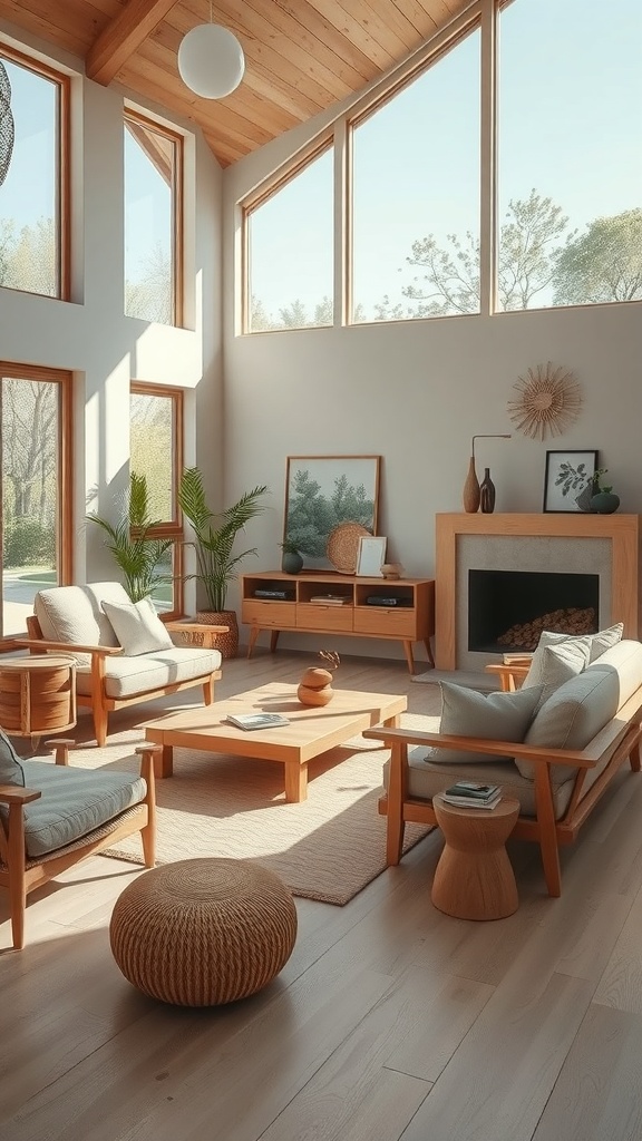 A bright living room with large windows, wooden furniture, and natural decor elements.