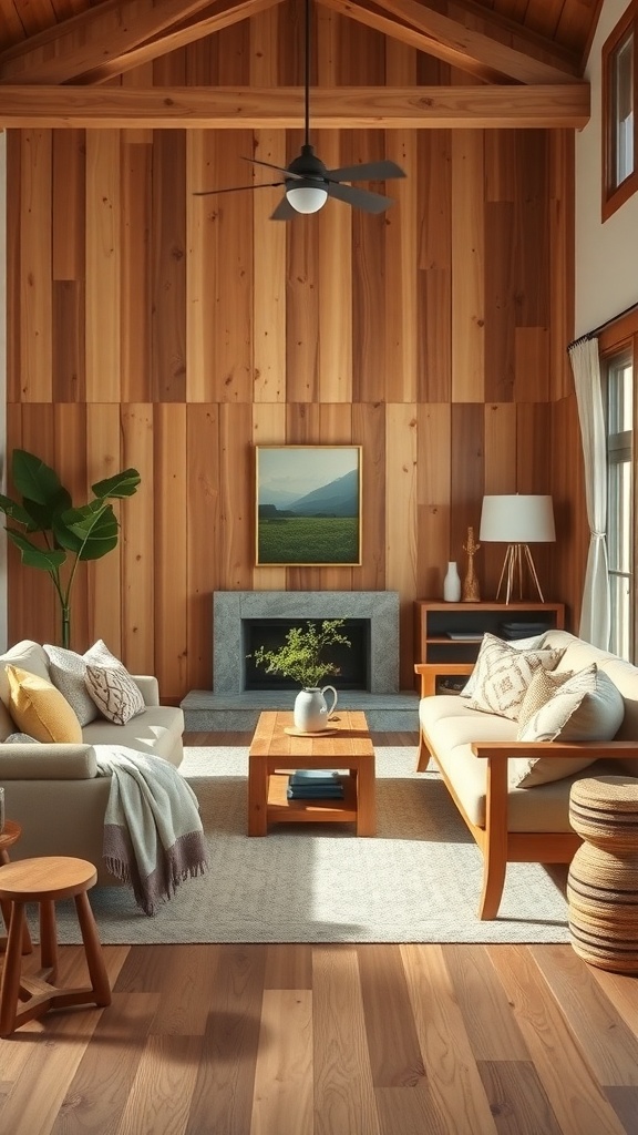 A cozy living room featuring natural wood accents with wooden furniture and soft textiles.