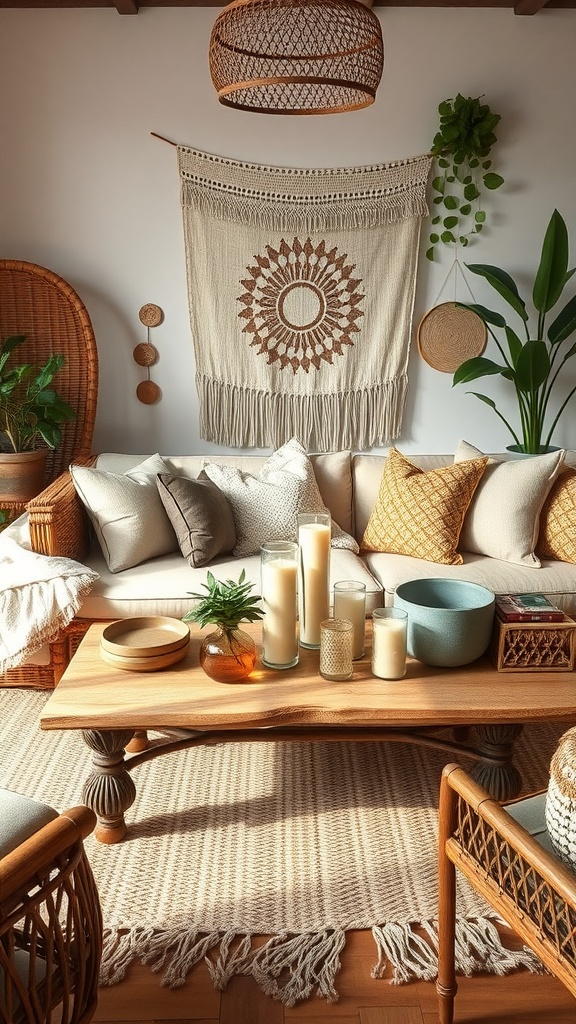A cozy living room featuring natural wood accents, including a wooden coffee table, wicker chairs, and a woven wall hanging.