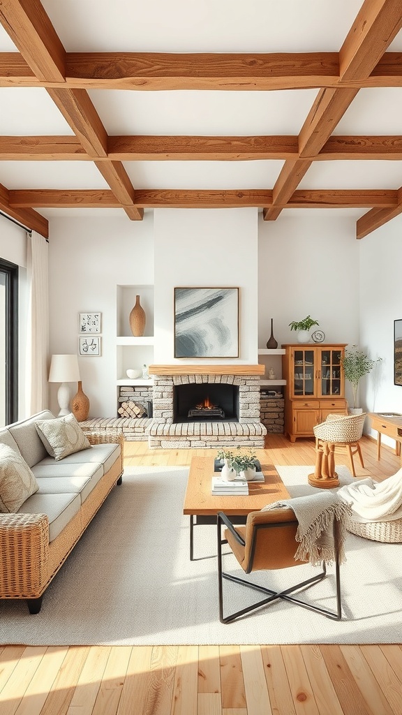 A minimalist rustic living room featuring natural wood accents, including wooden beams, furniture, and flooring.