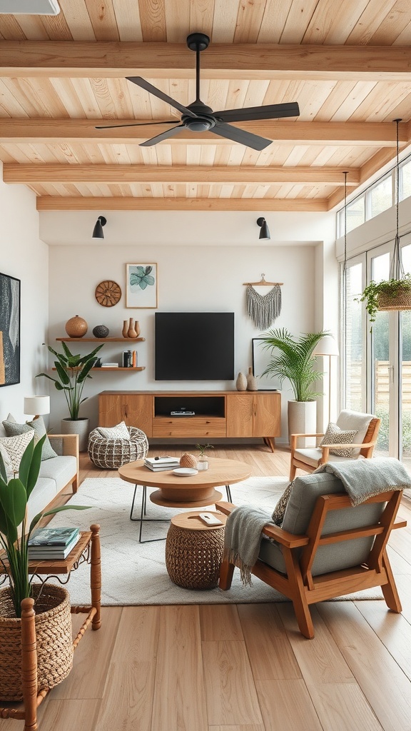 Cozy living room with natural wood accents, featuring wooden beams, furniture, and plants.