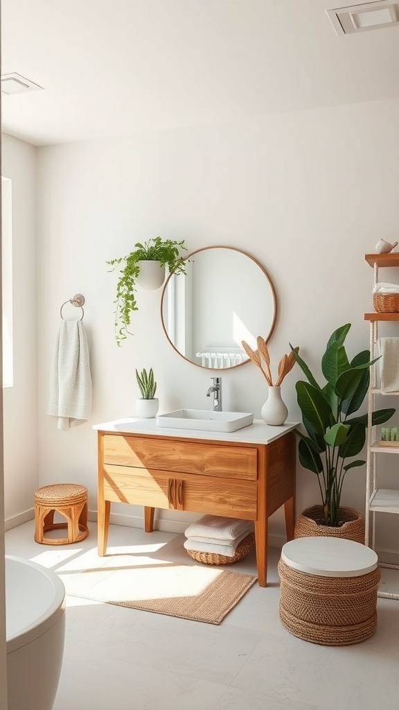 A bright bathroom featuring a wooden vanity, round mirror, and plants.