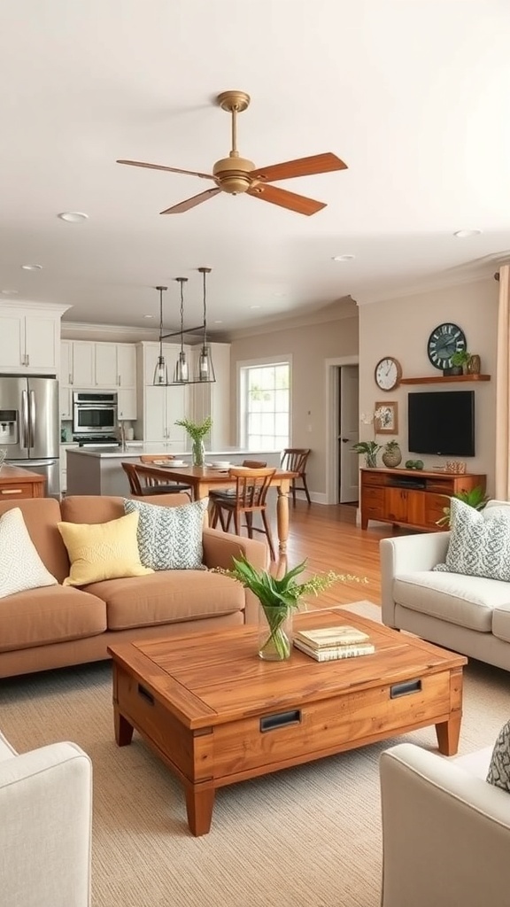 A cozy living room featuring natural wood accents, including a wooden coffee table and dining chairs.