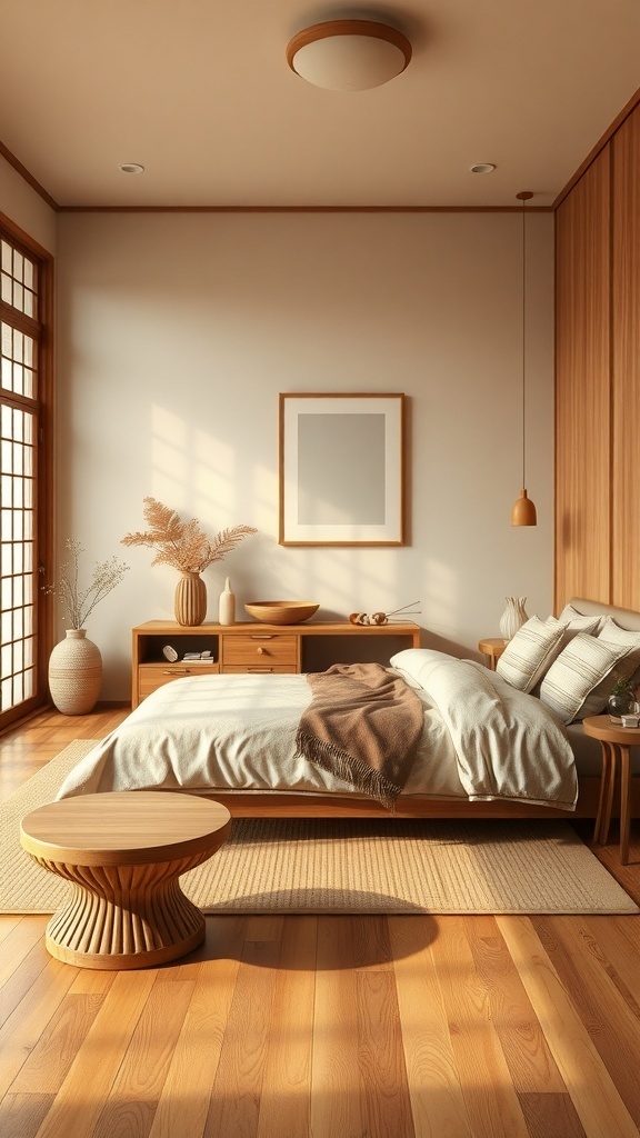 A serene bedroom with natural wood accents, featuring a wooden bed, round coffee table, and soft textiles.
