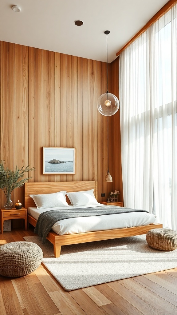 A serene bedroom featuring natural wood accents, a wooden bed frame, and large windows with sheer curtains.