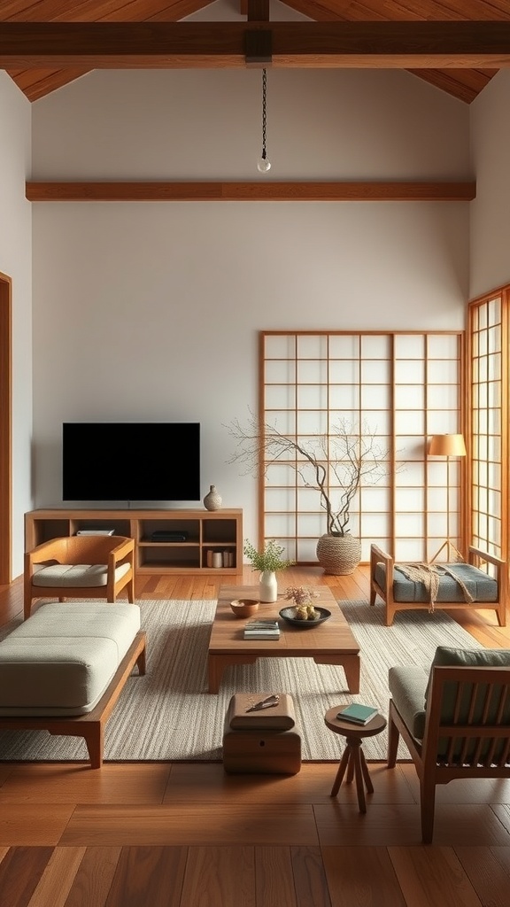 A minimalist living room featuring natural wood accents, including furniture and flooring.