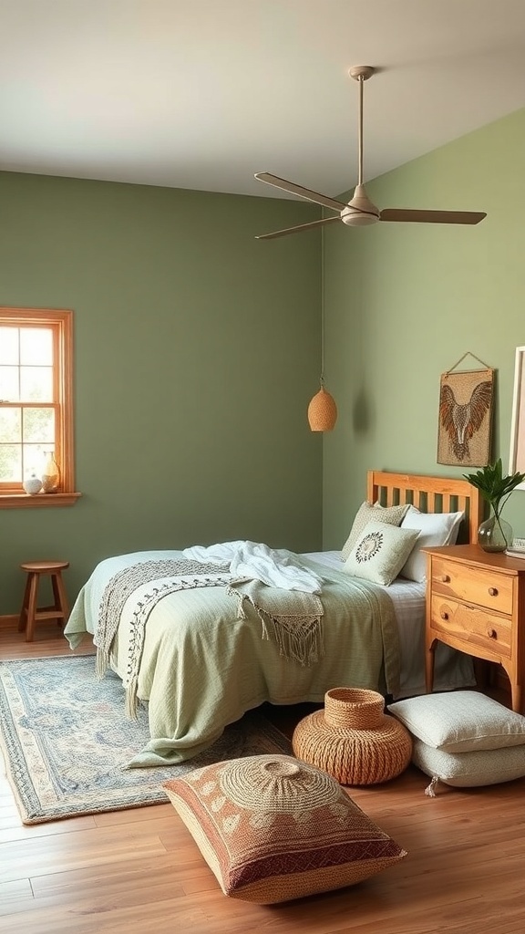 A Boho-style bedroom featuring sage green walls, natural wood furniture, and cozy textiles.