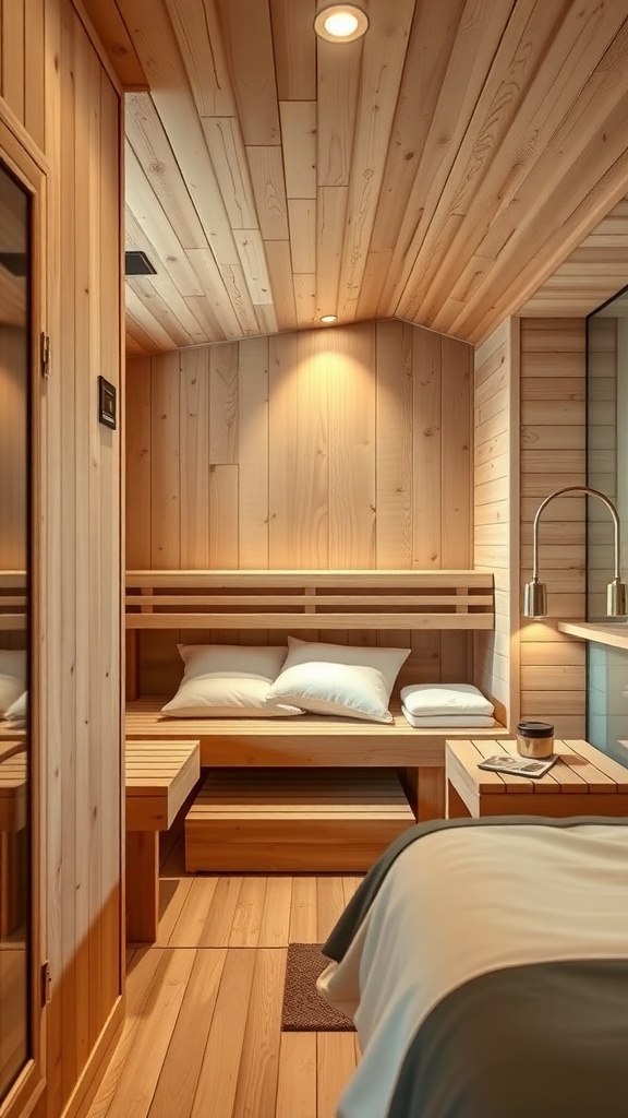 A cozy bedroom sauna with natural wood walls, soft lighting, and comfortable seating.