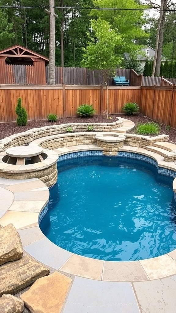 A circular above ground pool surrounded by natural stone and wood elements, featuring a cozy seating area and lush greenery.