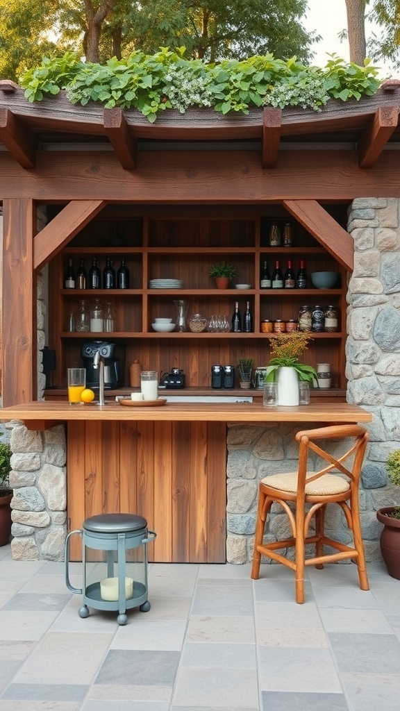 Outdoor coffee bar featuring natural wood and stone elements