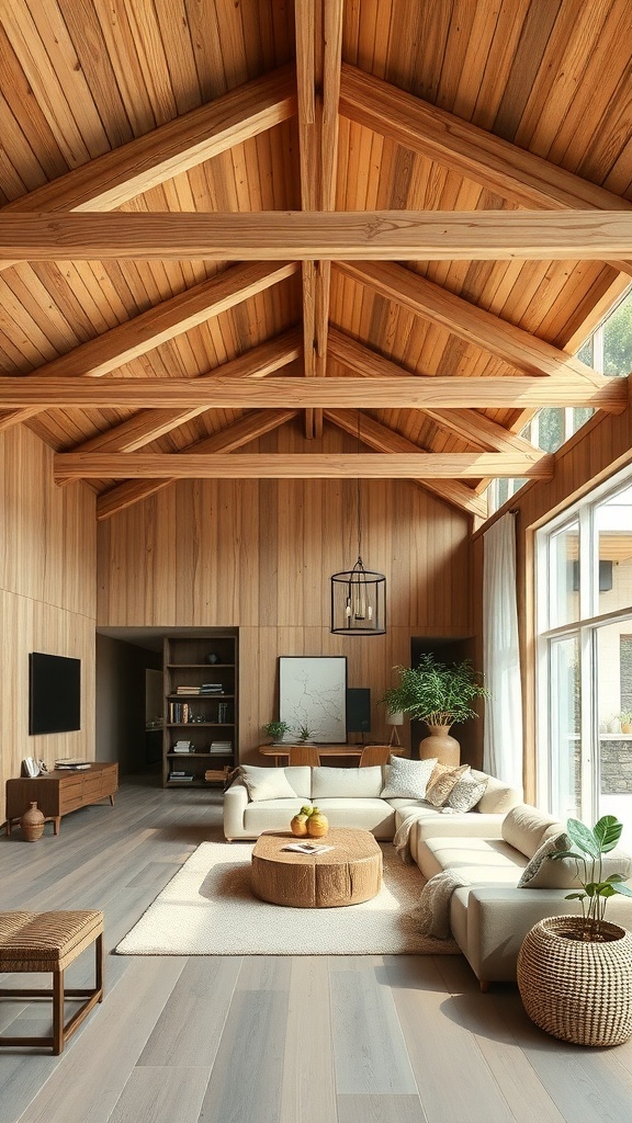 A cozy living room featuring natural wood beams on the ceiling, a light sofa, and a round coffee table.