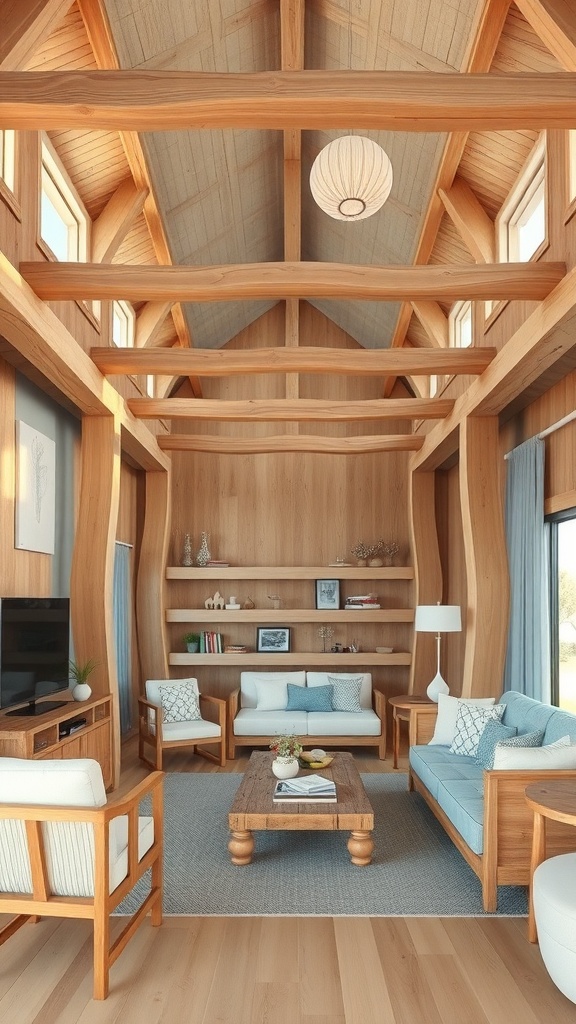 A cozy living room featuring natural wood beams, furniture, and ocean-inspired decor.