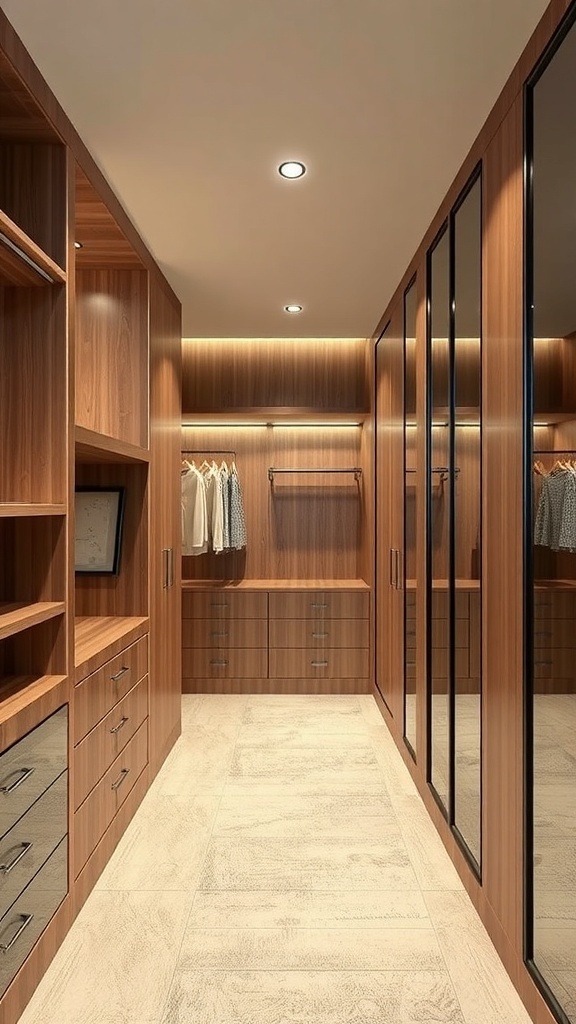 A modern walk-in closet featuring natural wood finishes, ample storage, and mirrors.