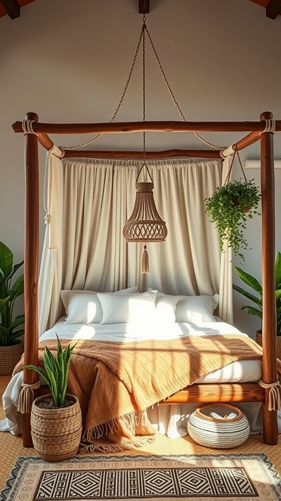 A cozy bedroom featuring a natural wood frame canopy bed with soft curtains, a warm blanket, and decorative plants.
