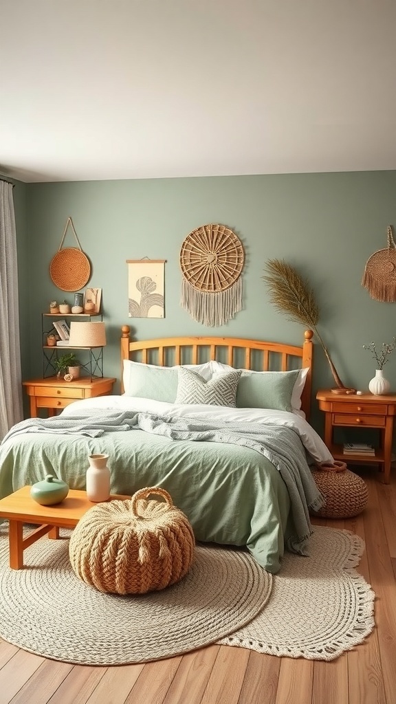 A cozy boho style bedroom featuring natural wood furniture, sage green walls, and earthy textures.